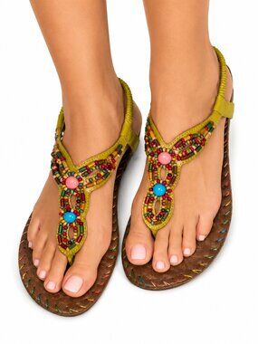 Tripper Beaded Boho Sandals Yellow Brown Flat Thong Sandals Size 42/10.5 (US)